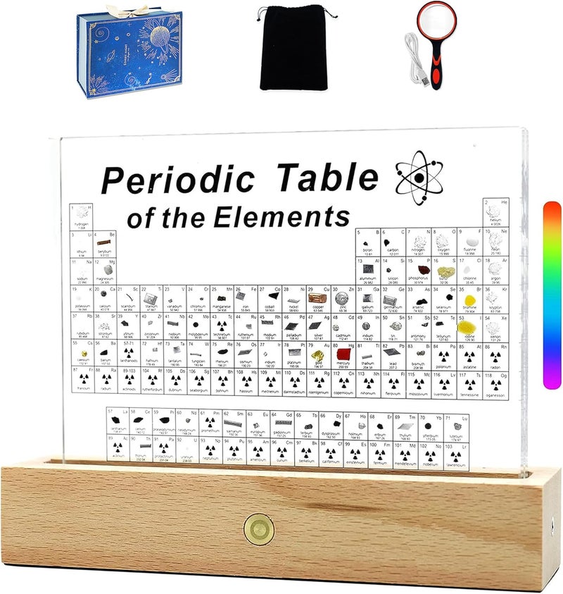 BEWITU Periodic Table with Real Elements Inside, Acrylic 3D Periodic Table of Elements with Cordless LED Wooden Stand, Chemistry Gifts for Kids Adults Science Lovers - Image 1